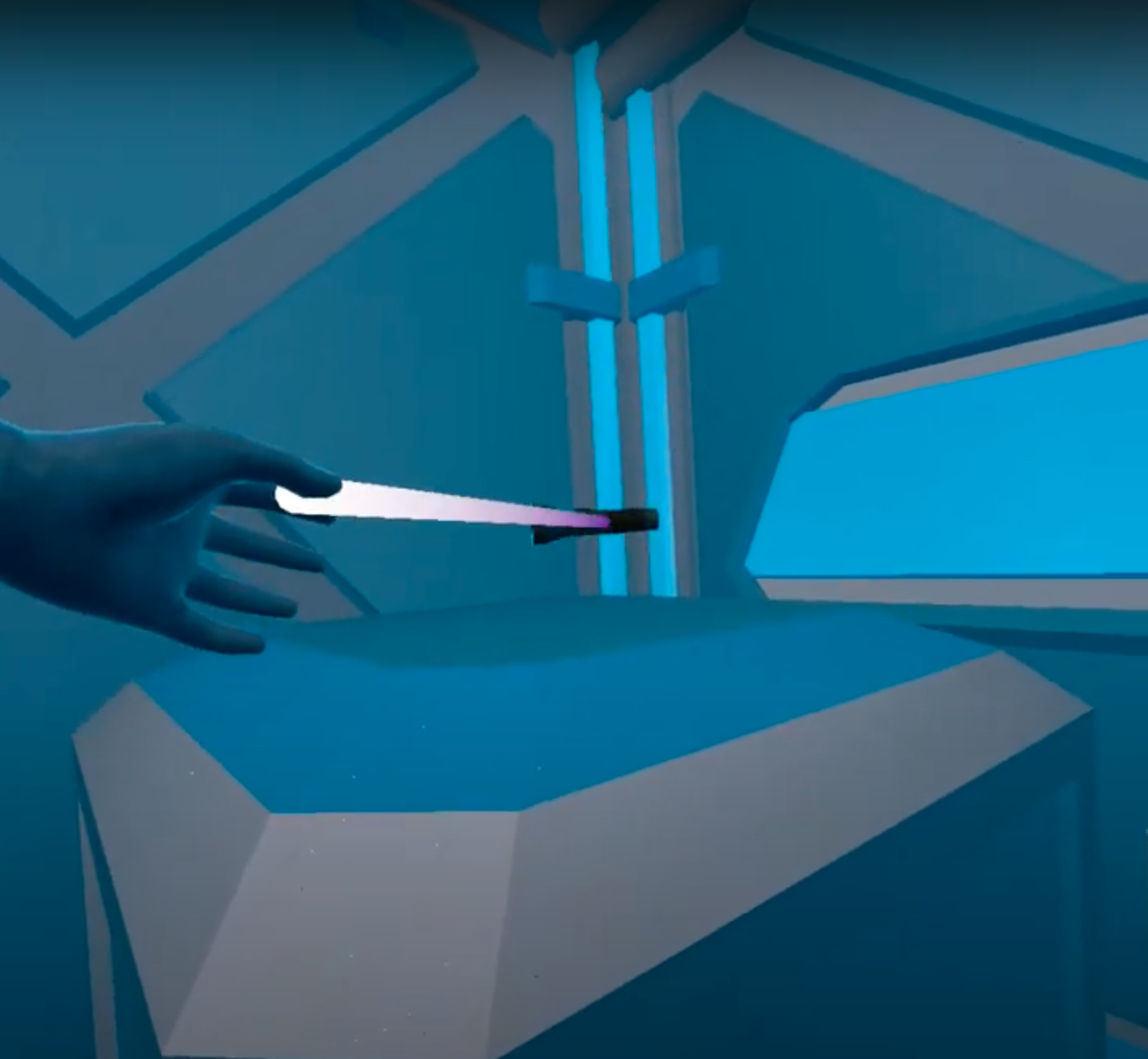 Screenshot of VR escape room. A saber coming from a hand reaches towards a flashlight. The background is a sci-fi room with large boxes.